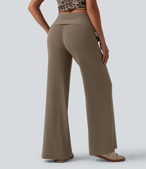 Ribbed Knit Foldover Super High Waisted Baggy Casual Pants with Pockets