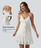 Crisscross Backless Mesh Overlay Built-in Bra Mini Casual Tiered Slip Dress with Pockets
