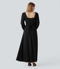 V-neck Bishop Long Sleeve Tie Back Split Maxi Bridesmaid And Wedding Guest Dress