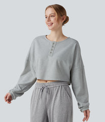 Henley Neck Long Sleeve Cropped Casual Sports Sweatshirt