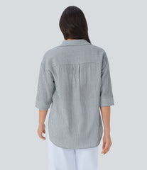 Half Sleeve Curved Hem Stripe Work Blouse