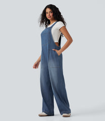 Halara Flex™ Square Neck Washed Denim Casual Overalls with Pockets