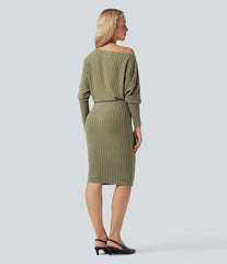 Ribbed Knit Off-shoulder Batwing Long Sleeve Bodycon Midi Casual Dress