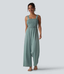 Square Neck Shirred Linen-Feel Jumpsuit-Easy Peezy Edition