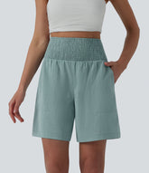 High Waisted Shirred Casual Linen-Feel Bermuda Shorts 7'' with Pockets