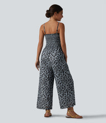 Tie-front Shirred Leopard Mesh Casual Slip Baggy Jumpsuit with Pockets