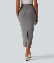 High Waisted Drawstring Midi Casual Pencil Skirt with Pockets