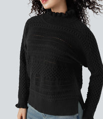 Ruffle Mock Neck Long Sleeve Cut Out Casual Sweater