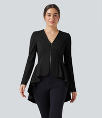 V Neck Long Sleeve Ruffe Hem High Low Work Coat
