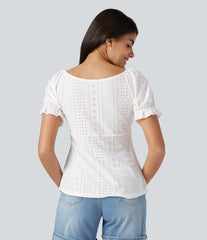 V Neck Puff Short Sleeve Lace Up Eyelet Casual Blouse
