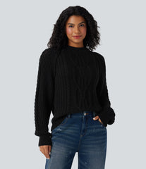 Round Neck Raglan Long Sleeve Relaxed Cable Knit Casual Sweater