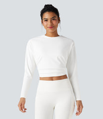 Round Neck Long Sleeve Ruched Cropped Yoga Sports Top