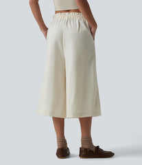 Mid Rise Drawstring Frill Trim Linen-Feel Casual Capri Baggy Pants with Pockets