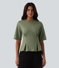 Round Neck Cinched Waist Casual Peplum Blouse