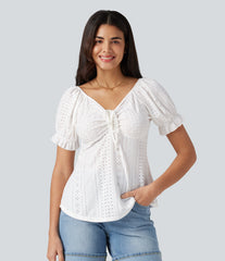 V Neck Puff Short Sleeve Lace Up Eyelet Casual Blouse
