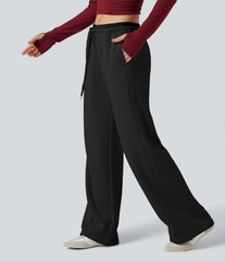 Mid Rise Drawstring Wide Leg Fleece Casual Pants with Pockets