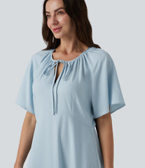 V-neck Short Sleeve Ruffle Tiered Midi Resort Flowy Dress
