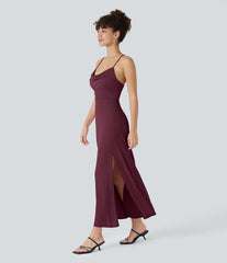 Ribbed Cowl Neck Lace Up Midi Dress