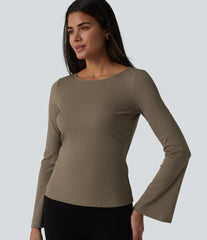 Ribbed Knit Boat Neck Flounce Long Sleeve Casual T-Shirt