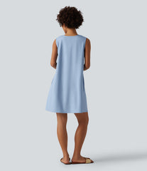 U-Neck Sleeveless Mini Denim-Like Resort Dress with Pockets