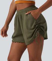 Ribbed Knit Mid Rise Drawstring Lettuce Trim Shorts 4'' with Pockets