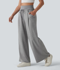 High Waisted Drawstring Pleated Heathered Casual Baggy Pants with Pockets