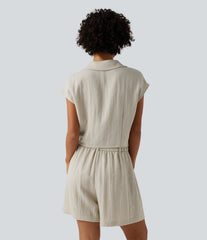 Cap Sleeve Ruched Casual Linen-Feel Shirt