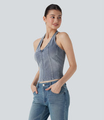 Halara Flex™ Halter Zipper Washed Denim Casual Tank Top