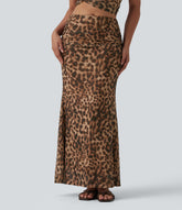 Mid Rise Ruched Mesh Leopard Print Maxi Party Mermaid Skirt