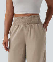 Shirred High Waisted Linen-Feel Casual Wide Leg Pants with Pockets