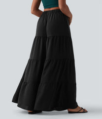 High Waisted Wide Leg Flowy Linen-Feel Pants with Pockets