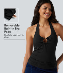 Halter Tie Back Built-in Bra Ruched Casual Tank Top