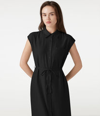 Collar Cap Sleeve Belted Curved Split Hem Midi Casual Linen-Blend Shirt Dress with Pockets
