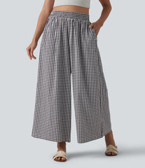 High Waisted Baggy Plaid Casual Pants with Pockets