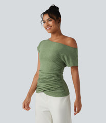 One Shoulder Short Sleeve Ruched Casual Top