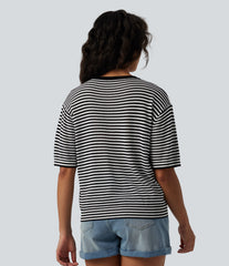 Round Neck Short Sleeve Stripe Casual Linen-Feel Sweater