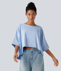 Round Neck Batwing Sleeve High Low Relaxed Casual T-Shirt
