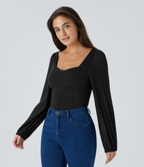 SoftlyZero™ Airy Sweetheart Neck Contrast Mesh Bishop Sleeve InstantCool Casual Bodysuit-UPF50+