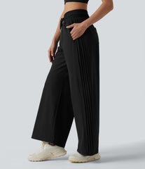 High Waisted Drawstring Wide Leg Quick Dry Running Pants with Pockets