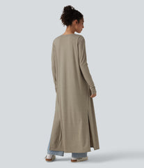 Long Sleeve Split Hem Heathered Casual Longline Coat