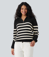 Half Zip Lapel Color Block Striped Casual Sweater