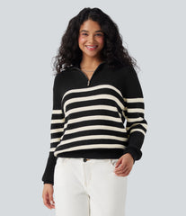 Half Zip Lapel Color Block Striped Casual Sweater