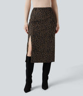 High Waisted Split Hem Midi Leopard Print Corduroy Casual Pencil Skirt