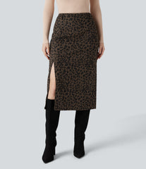 High Waisted Split Hem Midi Leopard Print Corduroy Casual Pencil Skirt