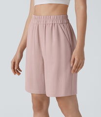 High Waisted Pocket Casual Linen-Feel Bermuda Shorts