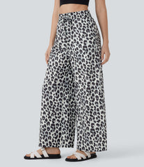High Waisted Drawstring Pocket Leopard Print Wide Leg Baggy Casual Pants