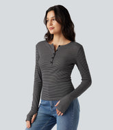 Henley Long Sleeve Thumb Holes Striped Casual T-Shirt