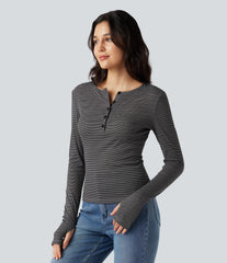 Henley Long Sleeve Thumb Holes Striped Casual T-Shirt