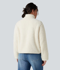 Stand Collar Long Sleeve Casual Sherpa Jacket with Pockets
