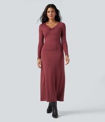 V Neck Long Sleeve Maxi Casual Dress